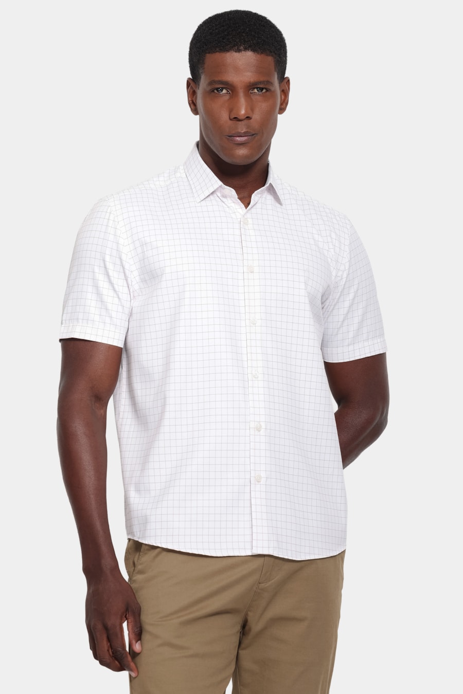 Camisa Manga Curta Regular Tricoline Mix Xadrez Branco C/Vermelho — foto 1 de 6