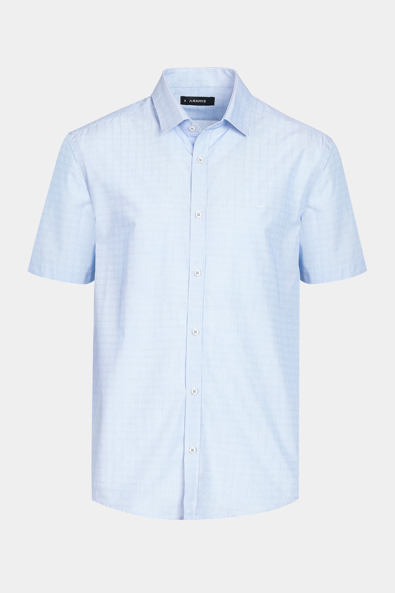 Camisa Manga Curta Regular Viscose Micro Xadrez Branco Com Azul Claro