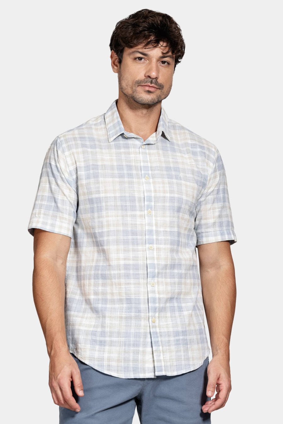 Camisa Manga Curta Regular Xadrez Branco C/Cinza — foto 1 de 5