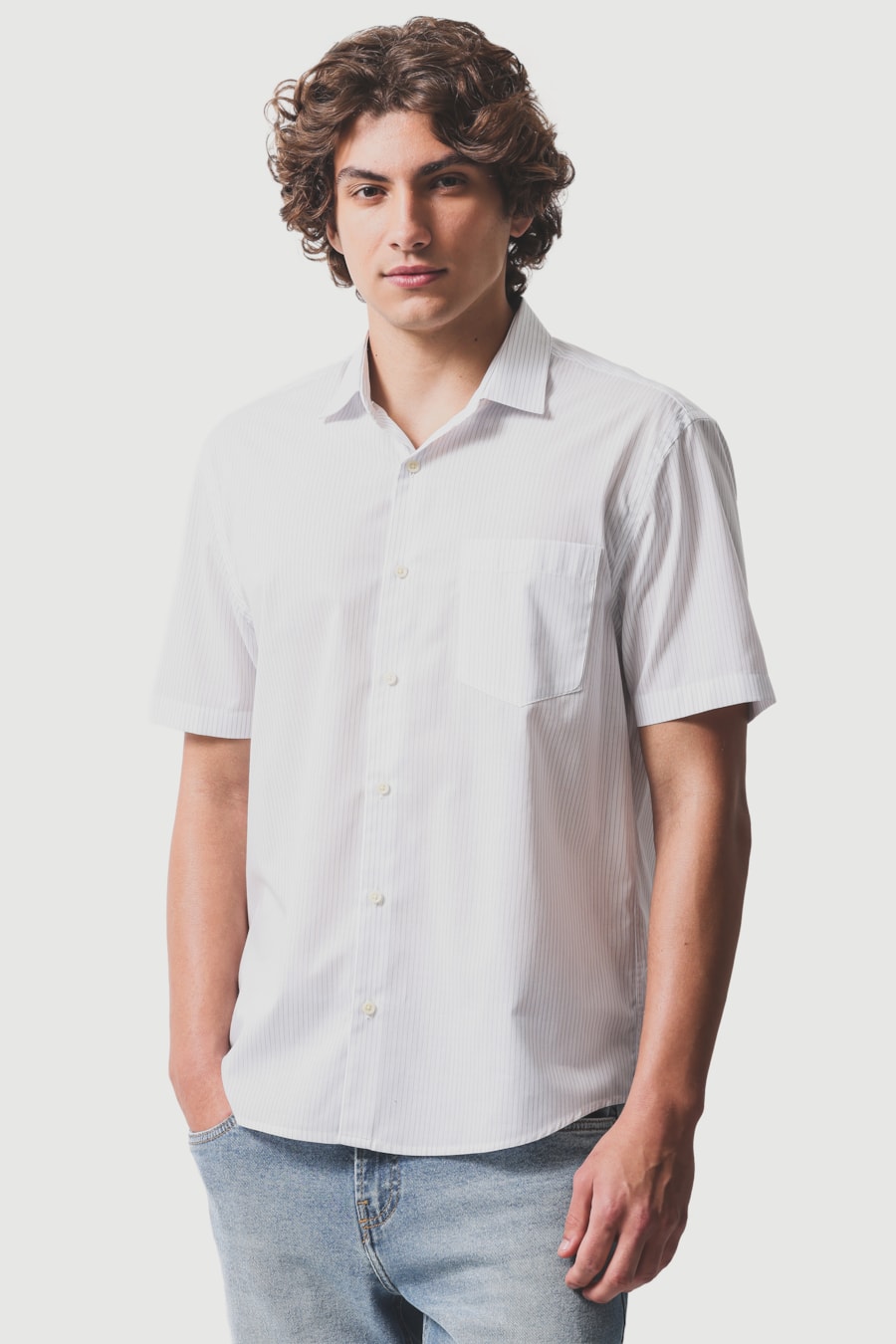 Camisa Manga Curta Regular Xadrez Duas Cores Branco C/Caqui — foto 1 de 6