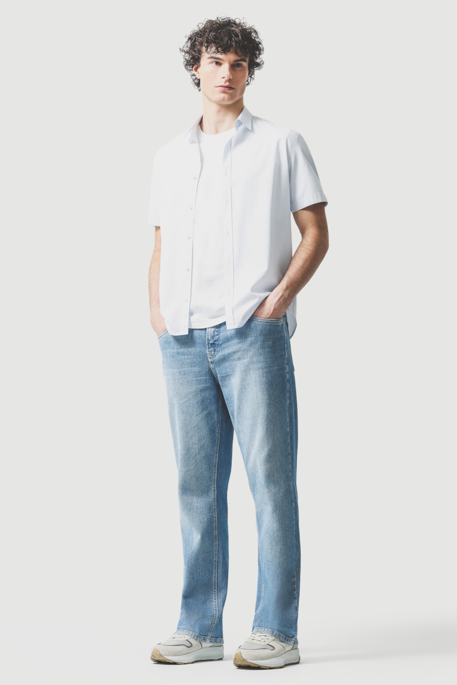Camisa Manga Curta Slim Algodao Micro Xadrez Branco C/Azul Claro — foto 2 de 6