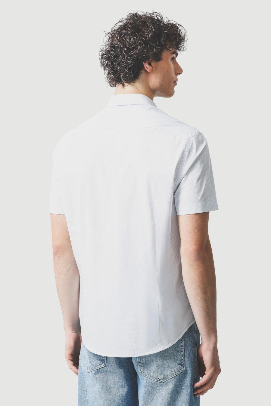 Camisa Manga Curta Slim Algodao Micro Xadrez Branco C/Azul Claro — foto 4 de 6
