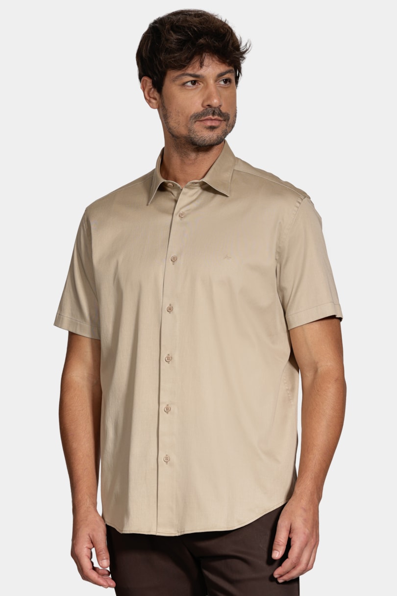 Camisa Manga Curta Slim Cetim Hudson Caqui
