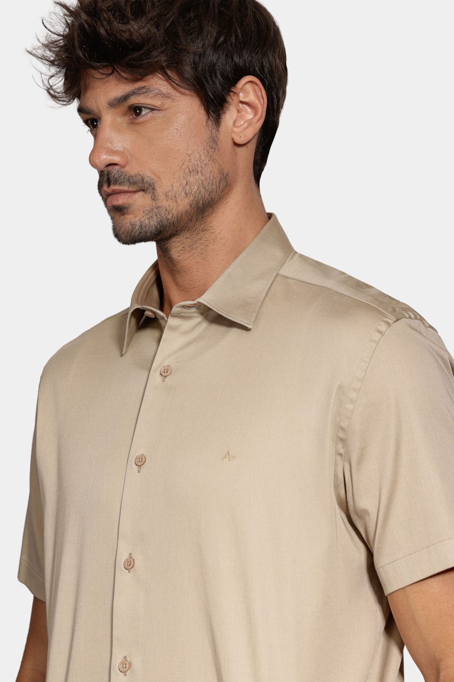 Camisa Manga Curta Slim Cetim Hudson Caqui — foto 3 de 7