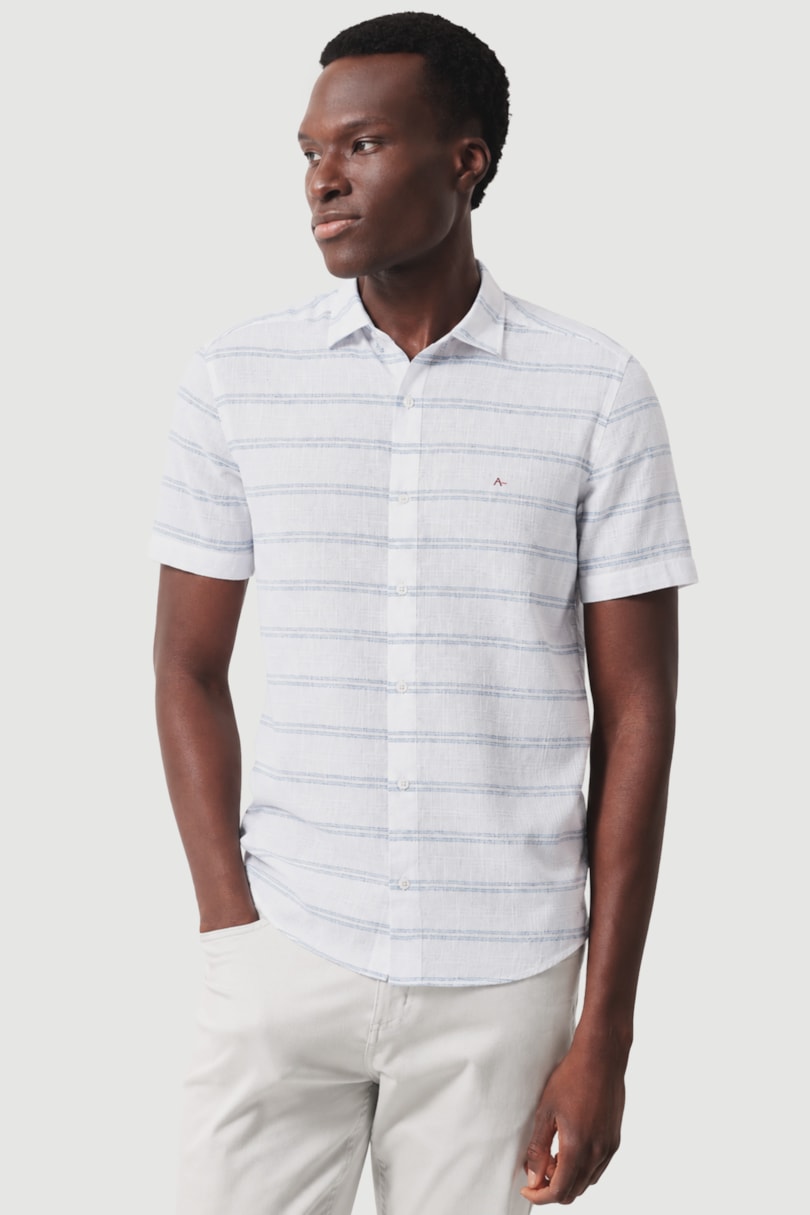 Camisa Manga Curta Slim Flamê Listrado Branco Com Azul