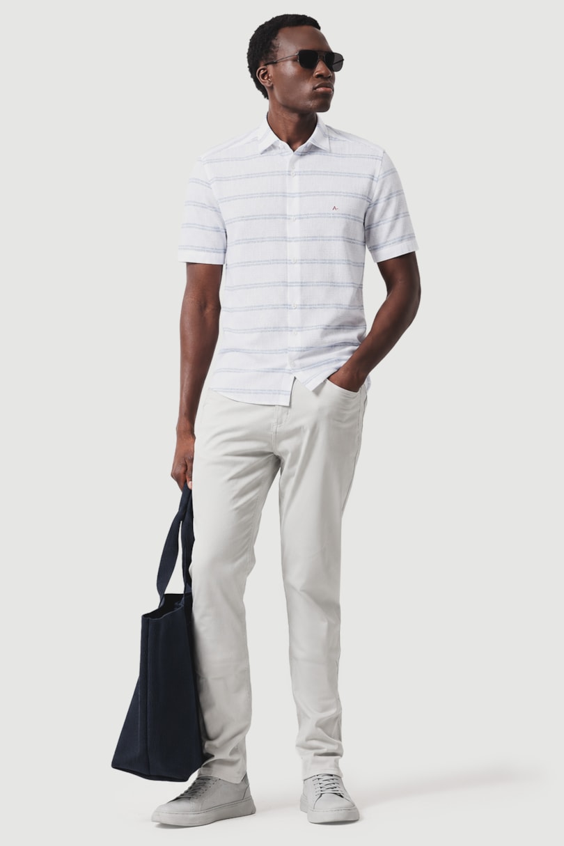 Camisa Manga Curta Slim Flamê Listrado Branco Com Azul