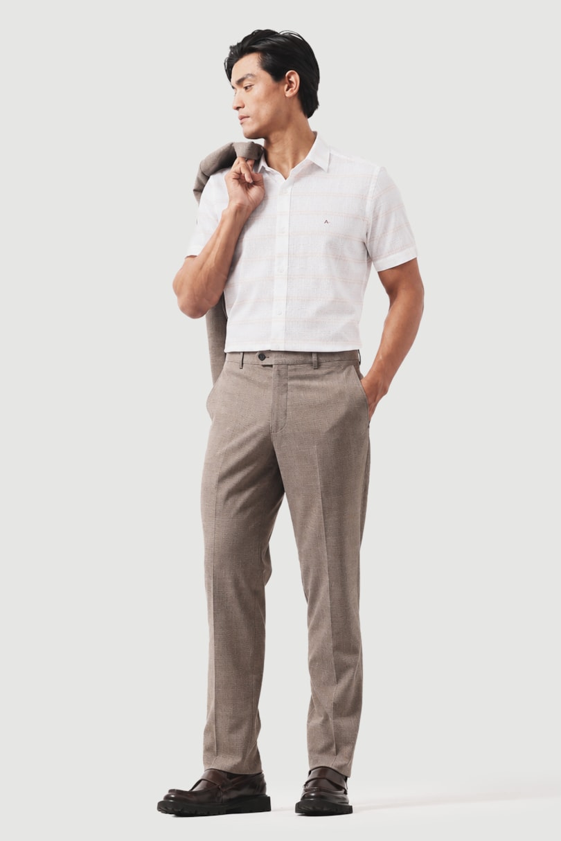 Camisa Manga Curta Slim Flamê Listrado Branco Com Cáqui