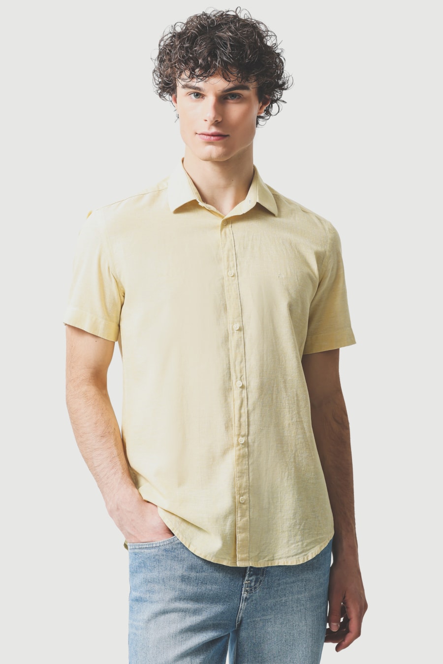 Camisa Manga Curta Slim Linho Algodao Surat Amarelo — foto 1 de 6