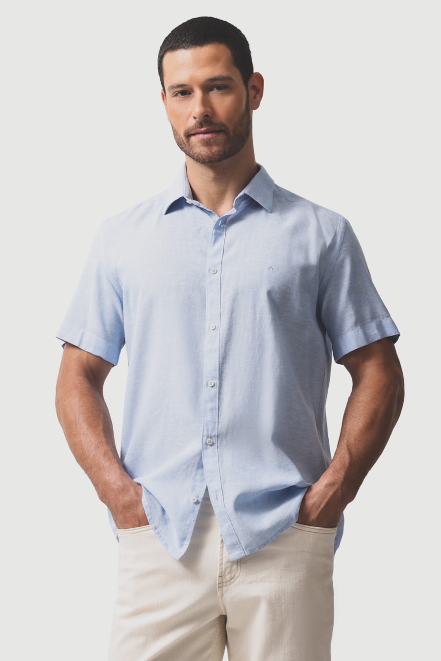 Camisa Manga Curta Slim Linho Algodao Surat Azul — foto 1 de 6