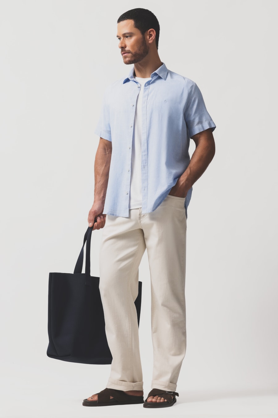 Camisa Manga Curta Slim Linho Algodao Surat Azul — foto 2 de 6