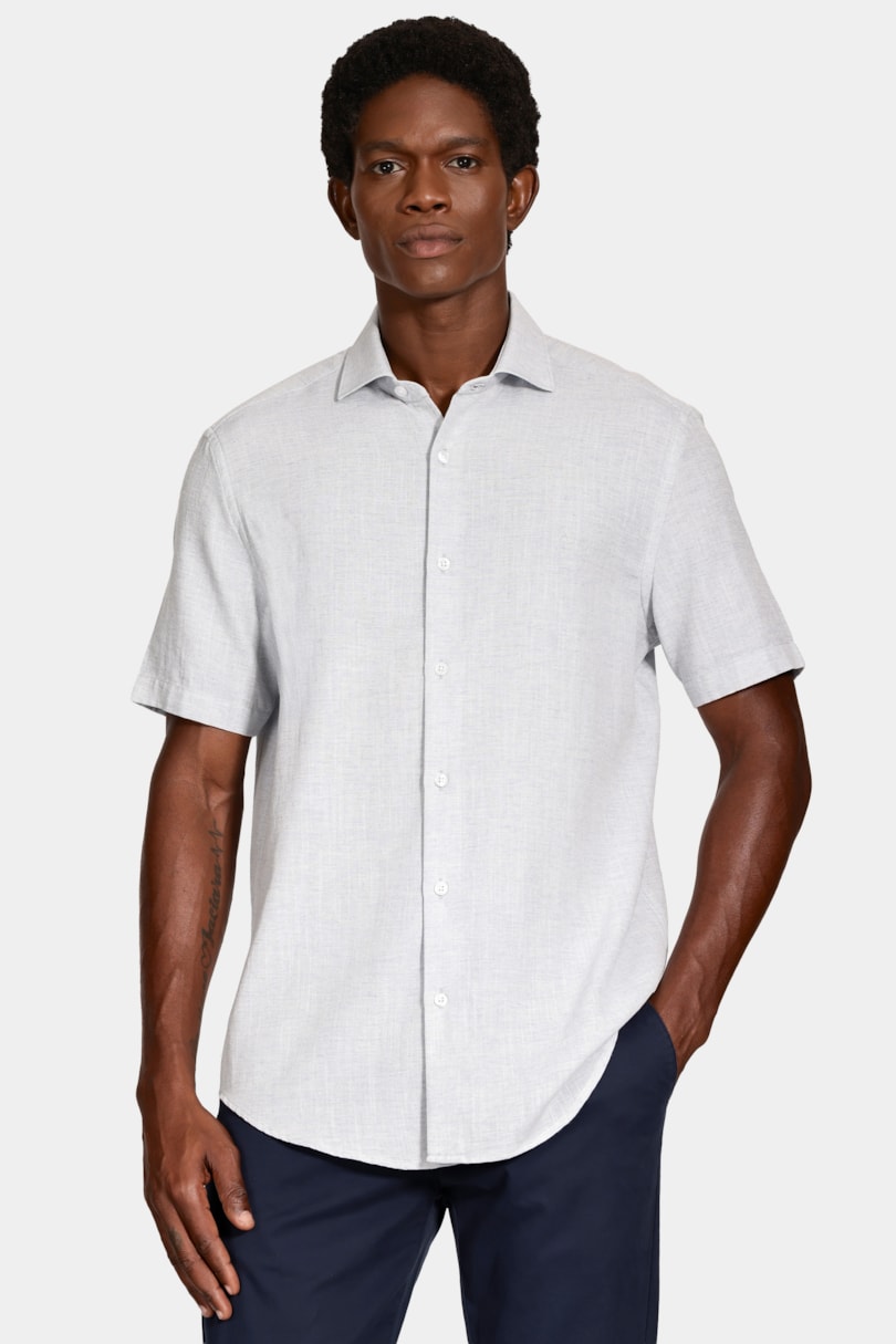 Camisa Manga Curta Slim Linho Mescla Azul
