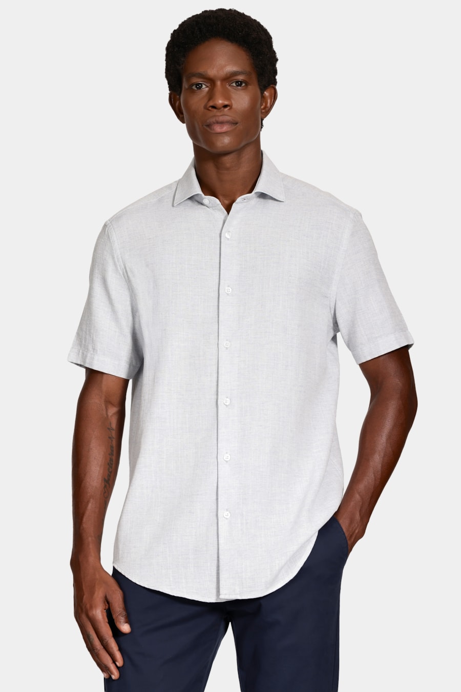 Camisa Manga Curta Slim Linho Mescla Azul — foto 1 de 6