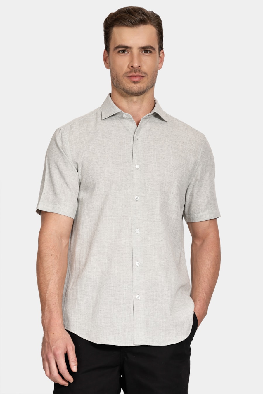 Camisa Manga Curta Slim Linho Mescla Cinza — foto 1 de 6
