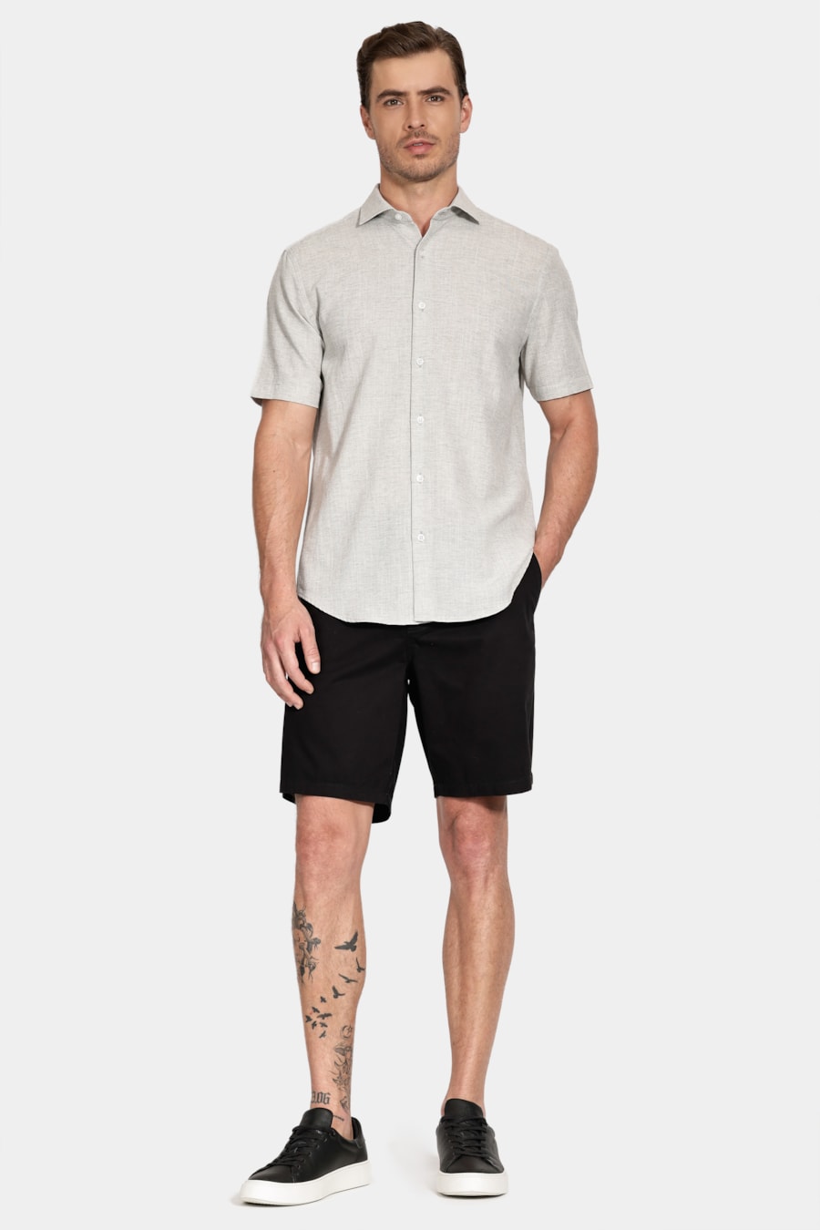 Camisa Manga Curta Slim Linho Mescla Cinza — foto 2 de 6