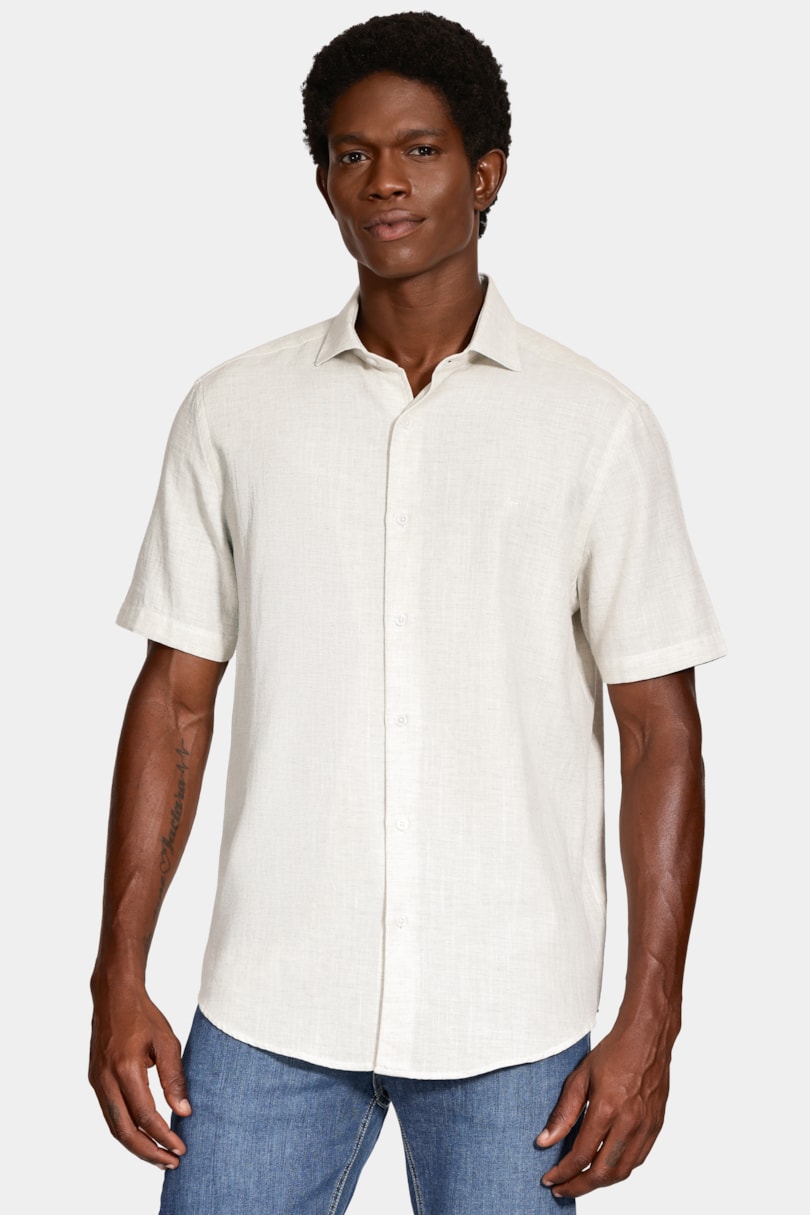 Camisa Manga Curta Slim Linho Mescla Natural