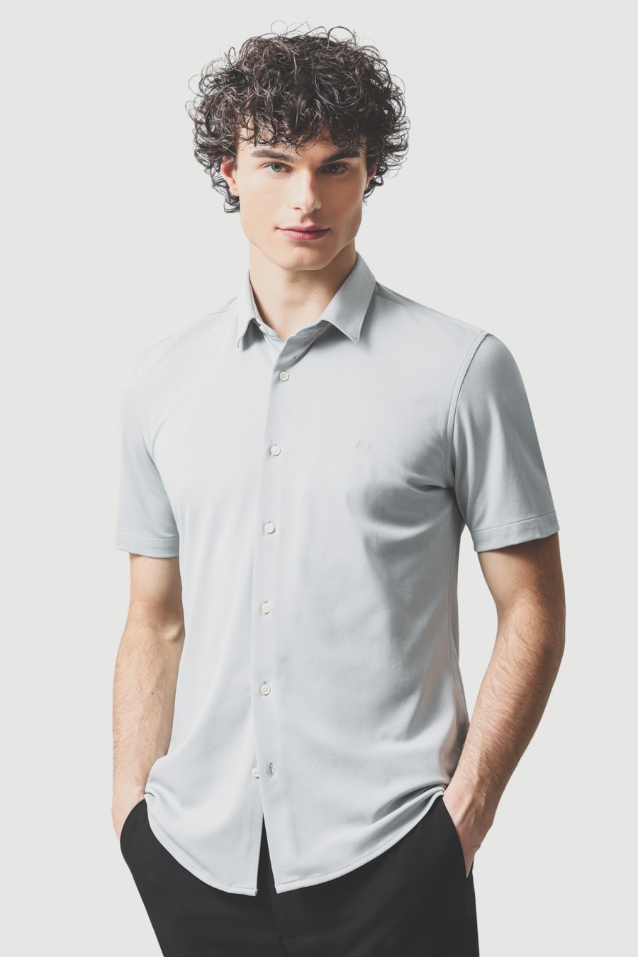 Camisa Manga Curta Slim Malha Mista Italia Cinza — foto 1 de 6
