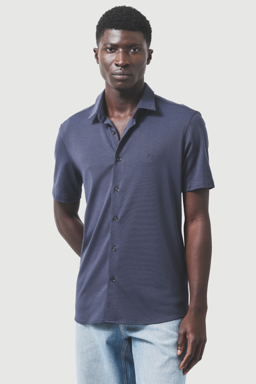 Camisa Manga Curta Slim Malha Mista Italia Marinho — foto 1 de 6