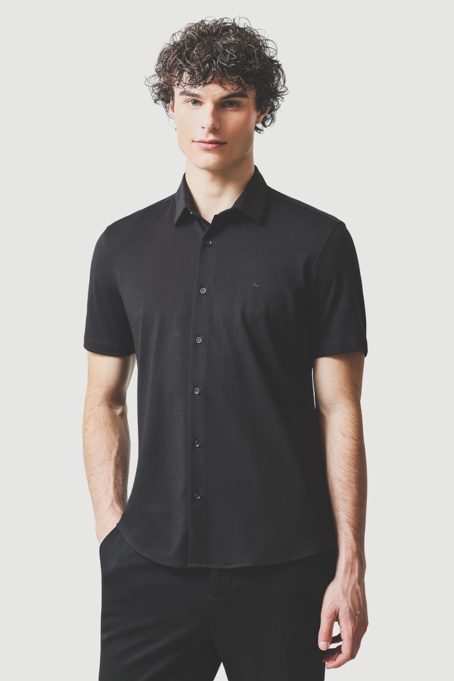 Camisa Manga Curta Slim Malha Mista Italia Preto — foto 1 de 6