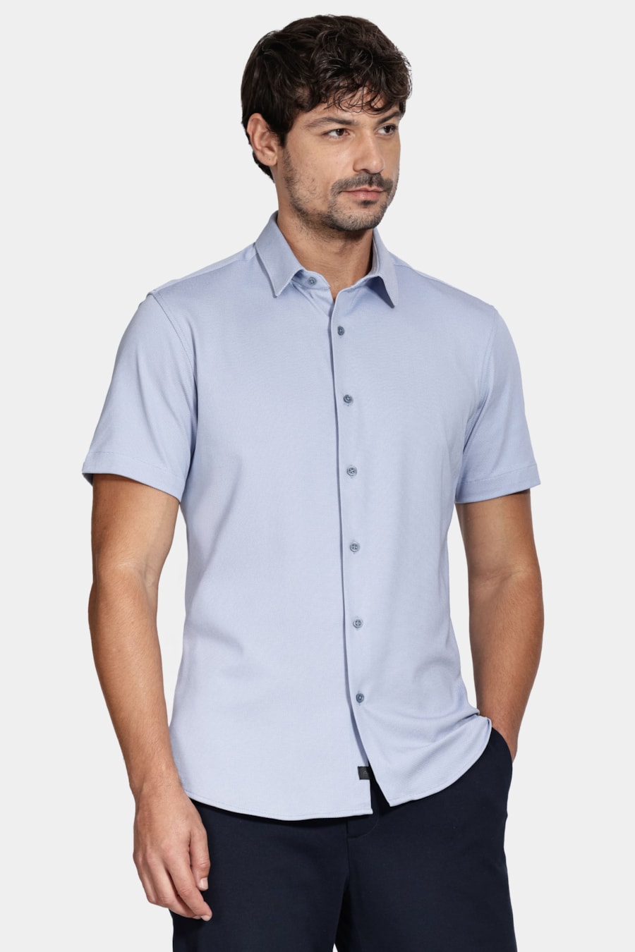 Camisa Manga Curta Slim Malha Mista Italiana Azul — foto 1 de 7