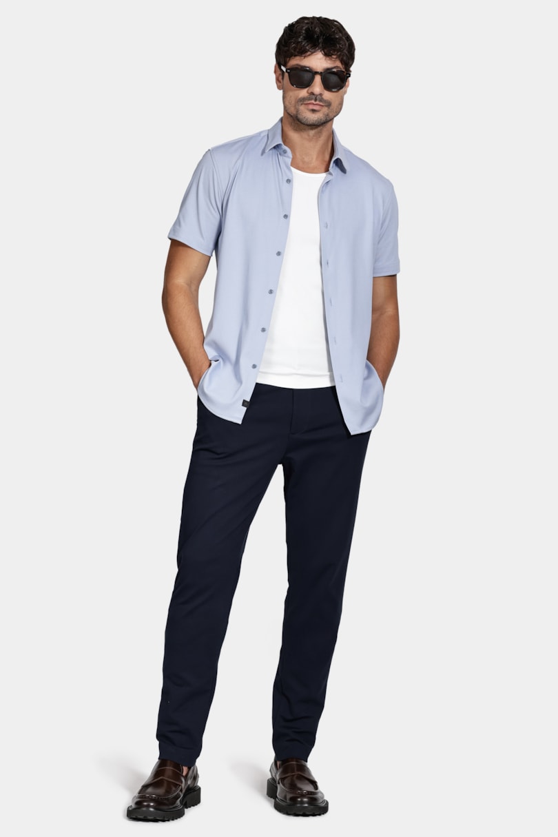 Camisa Manga Curta Slim Malha Mista Italiana Azul
