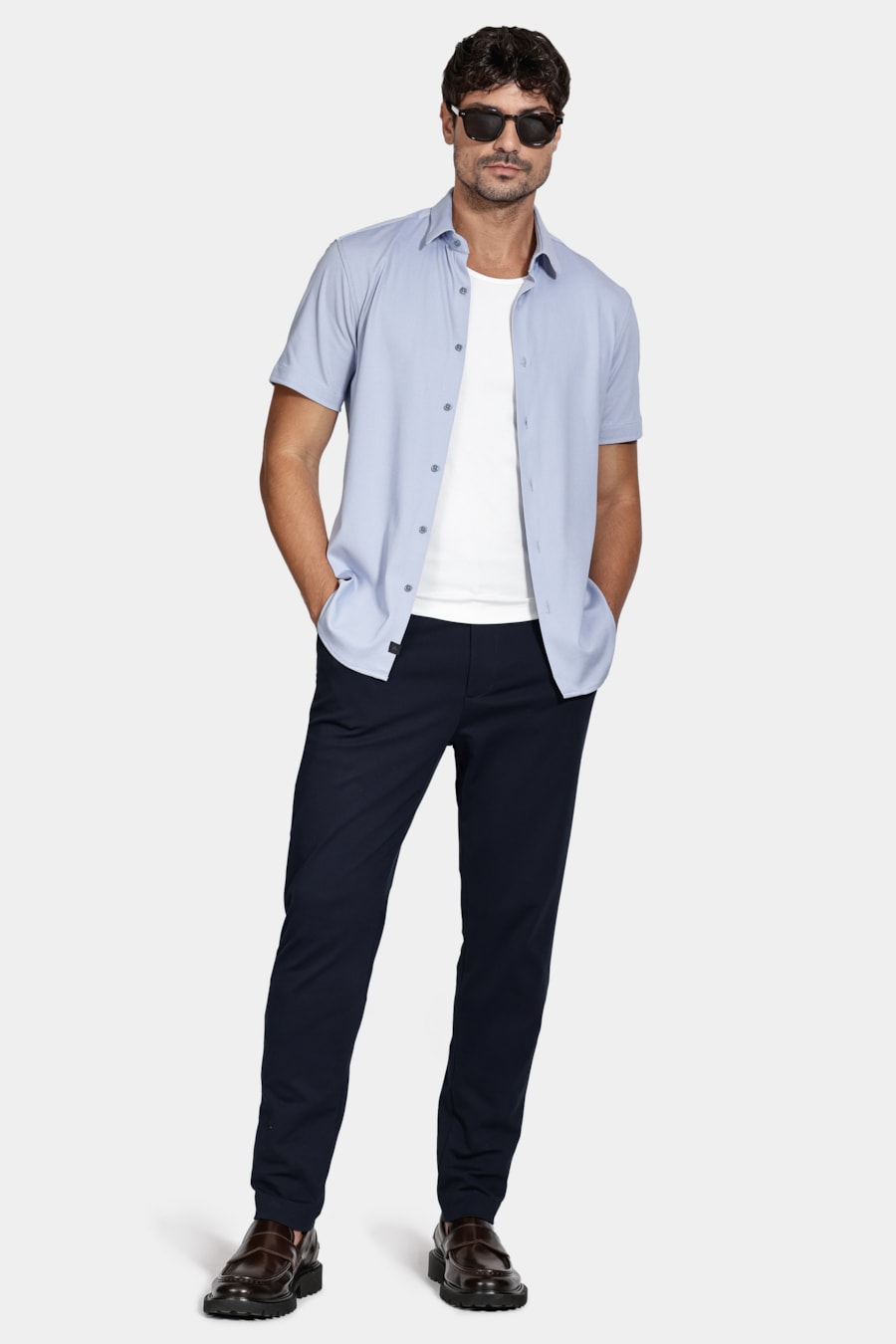 Camisa Manga Curta Slim Malha Mista Italiana Azul — foto 2 de 7
