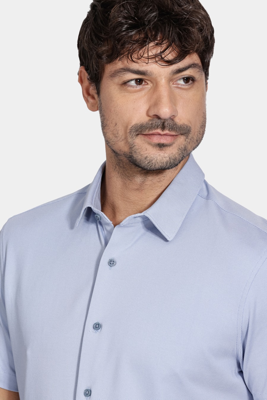 Camisa Manga Curta Slim Malha Mista Italiana Azul — foto 3 de 7