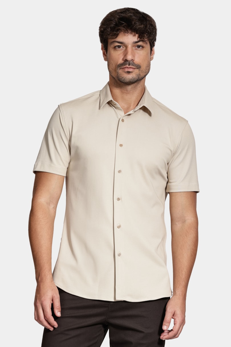 Camisa Manga Curta Slim Malha Mista Italiana Caqui