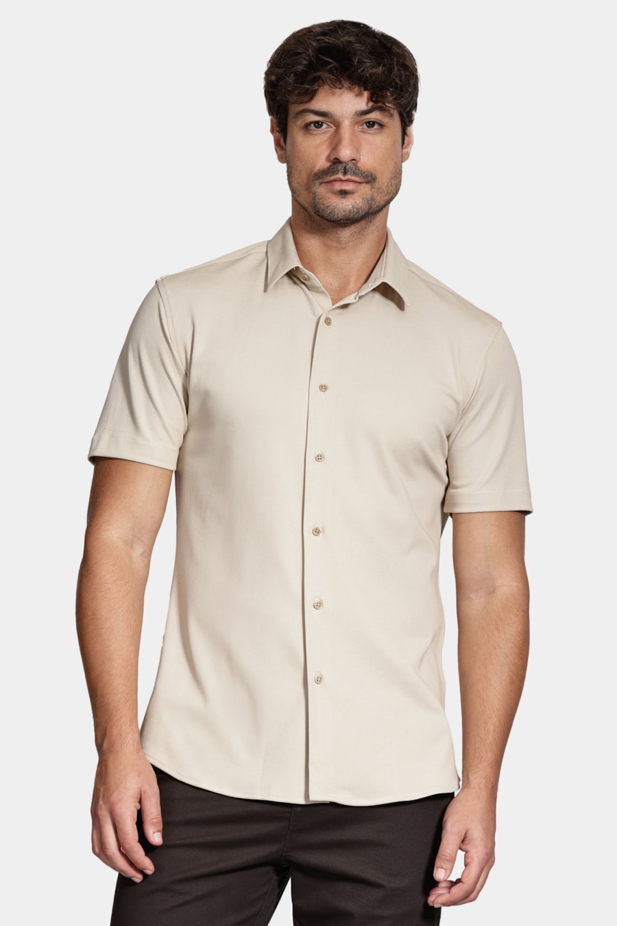 Camisa Manga Curta Slim Malha Mista Italiana Caqui — foto 1 de 6