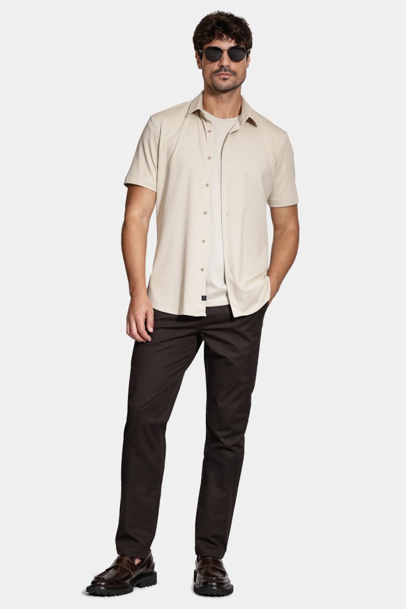 Camisa Manga Curta Slim Malha Mista Italiana Caqui