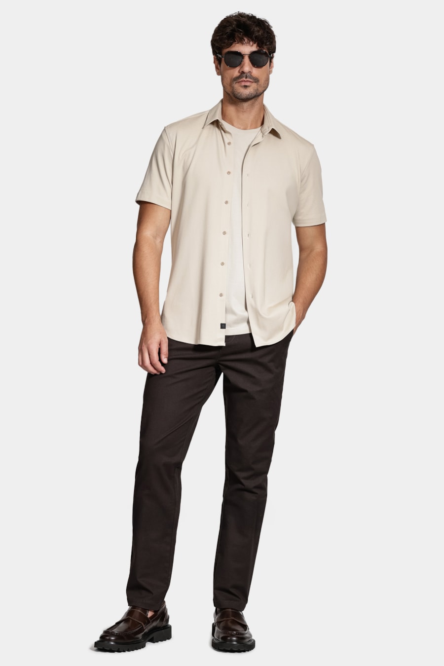 Camisa Manga Curta Slim Malha Mista Italiana Caqui — foto 2 de 6