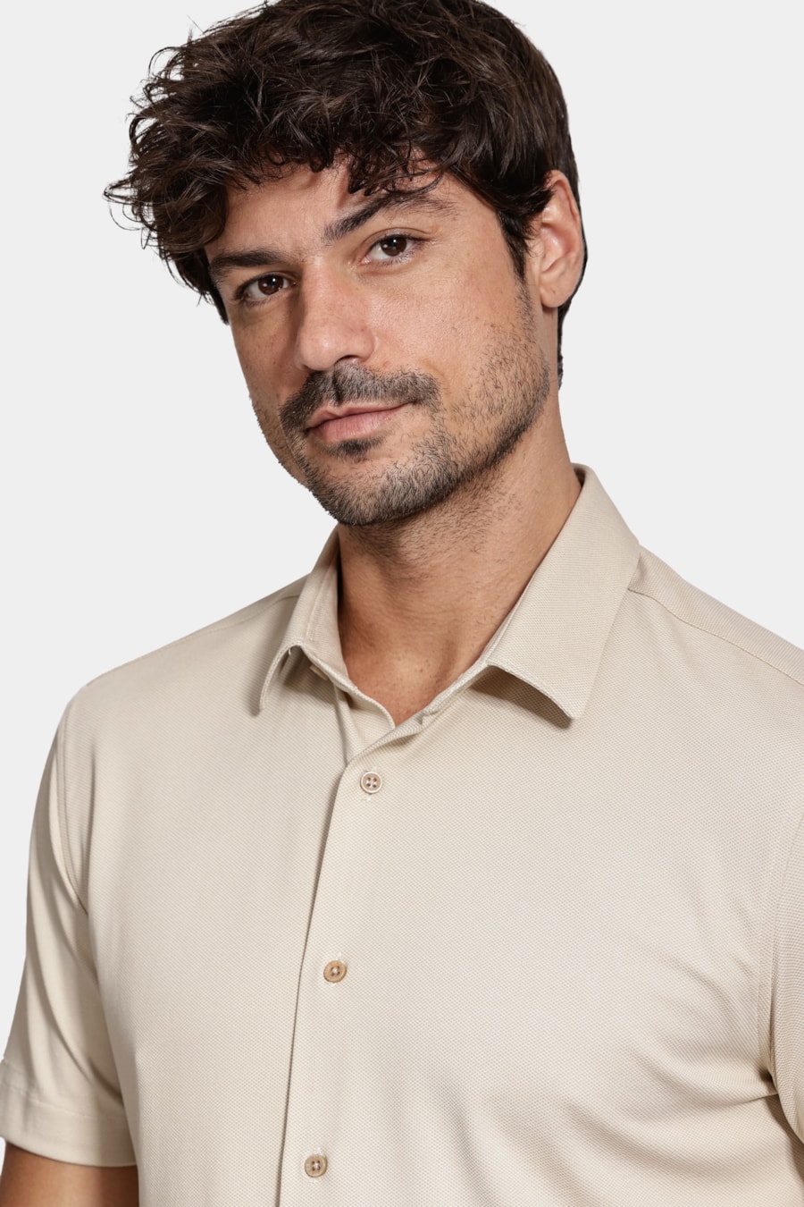Camisa Manga Curta Slim Malha Mista Italiana Caqui — foto 3 de 6