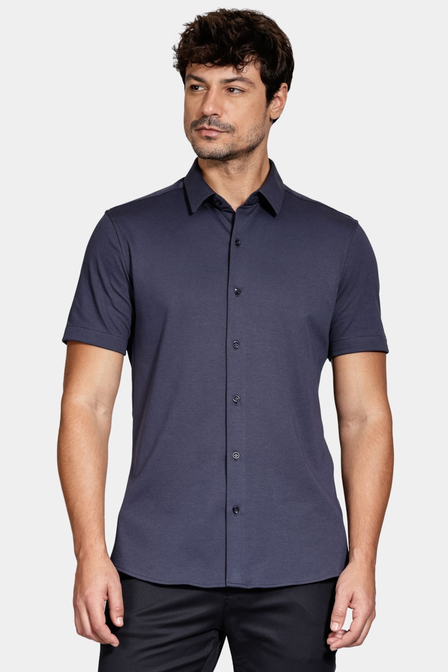 Camisa Manga Curta Slim Malha Mista Italiana Marinho — foto 1 de 6