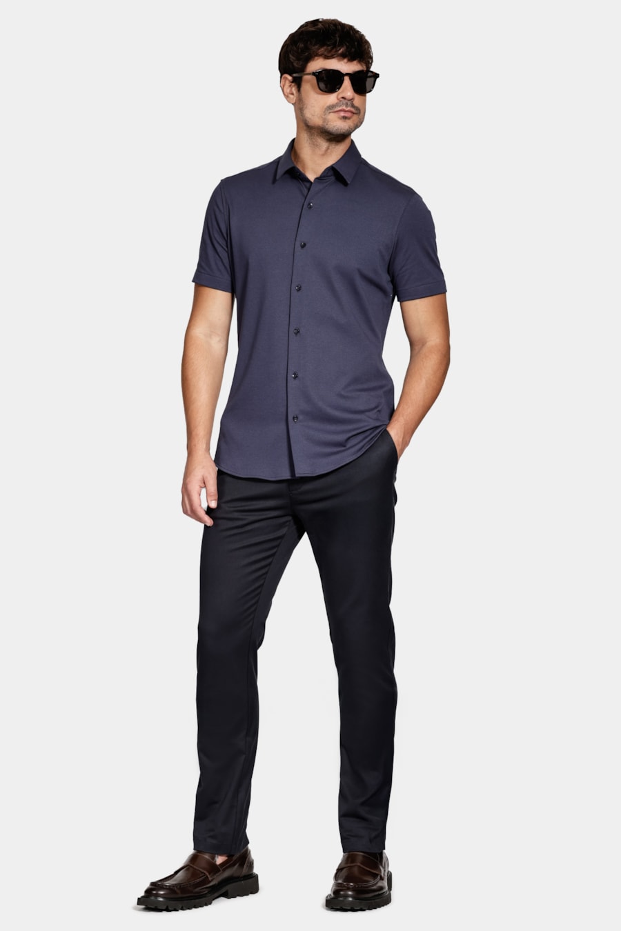 Camisa Manga Curta Slim Malha Mista Italiana Marinho — foto 2 de 6