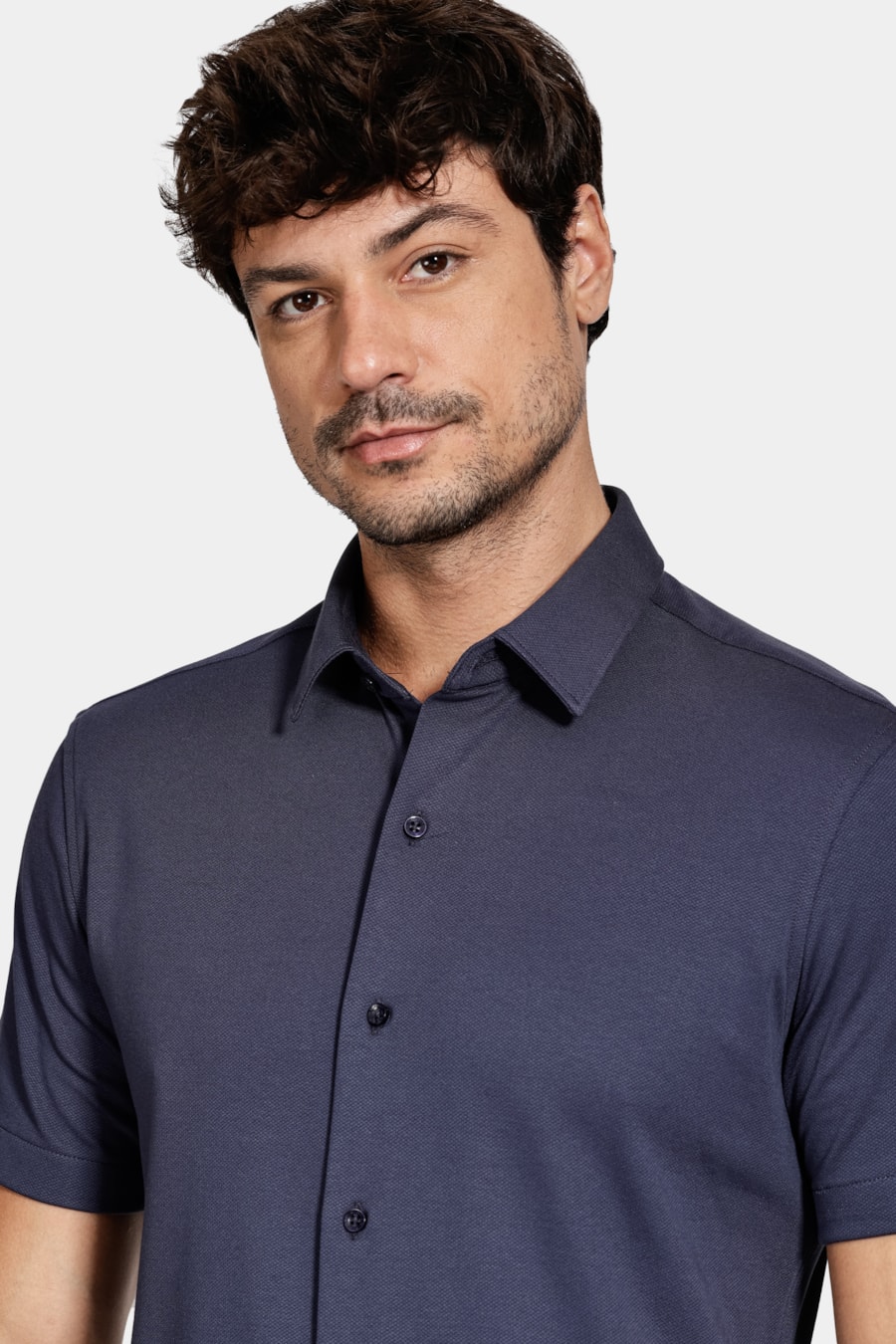 Camisa Manga Curta Slim Malha Mista Italiana Marinho — foto 3 de 6