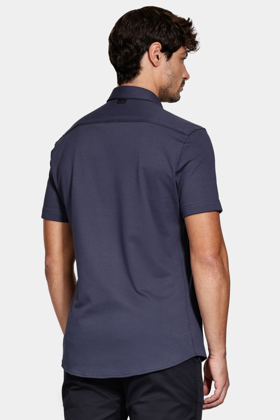 Camisa Manga Curta Slim Malha Mista Italiana Marinho — foto 4 de 6