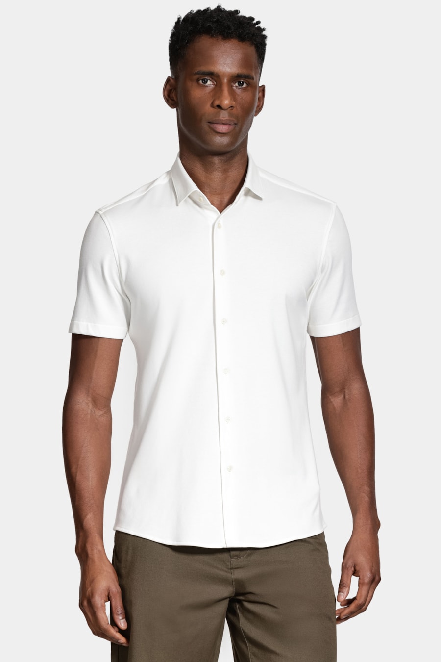 Camisa Manga Curta Slim Malha Mista Italiana Off White — foto 1 de 5