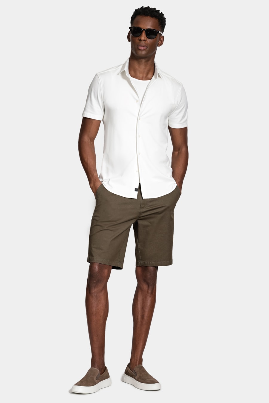 Camisa Manga Curta Slim Malha Mista Italiana Off White — foto 2 de 5