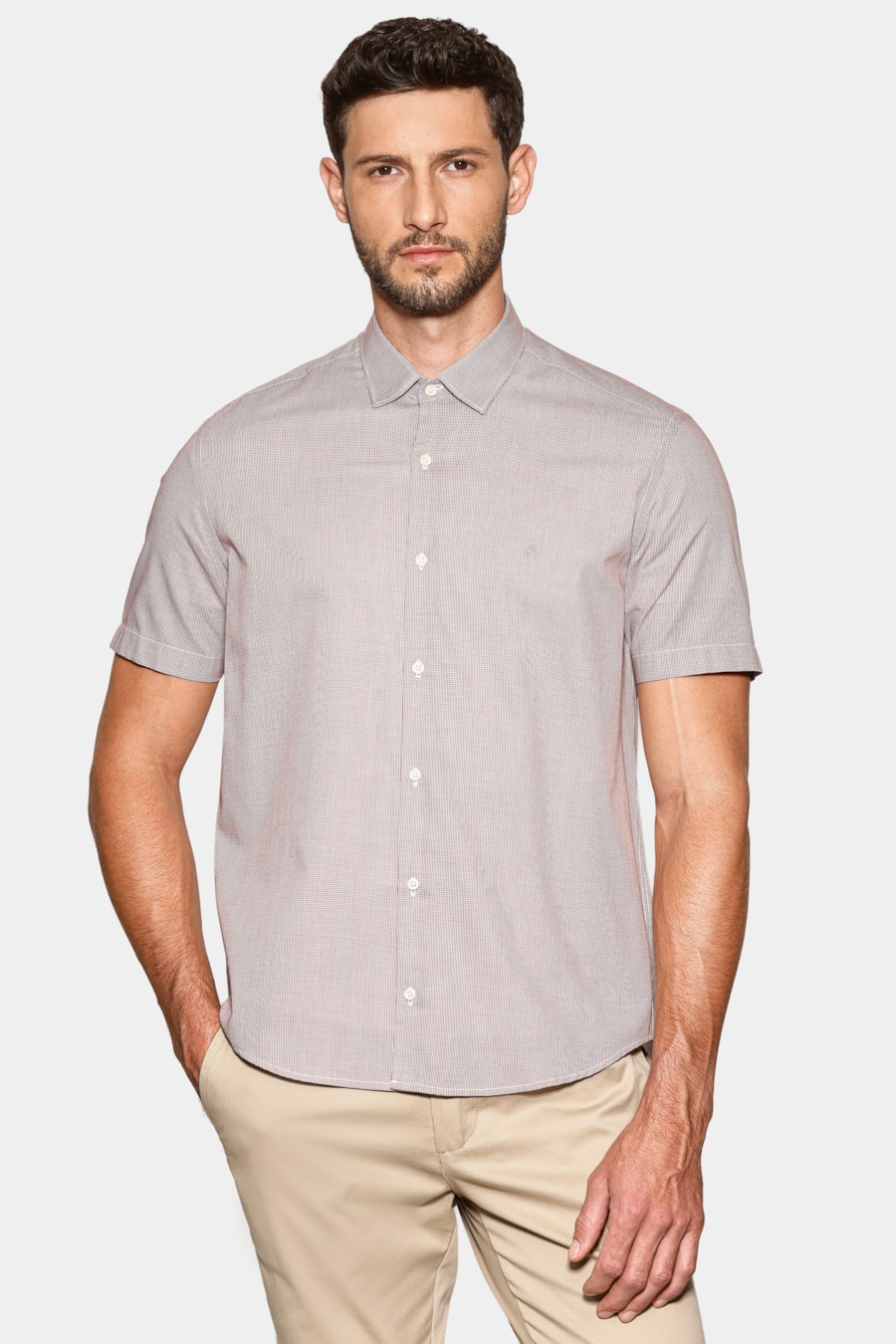 Camisa Manga Curta Slim Micro Xadrez Branco/ Havana — foto 1 de 6