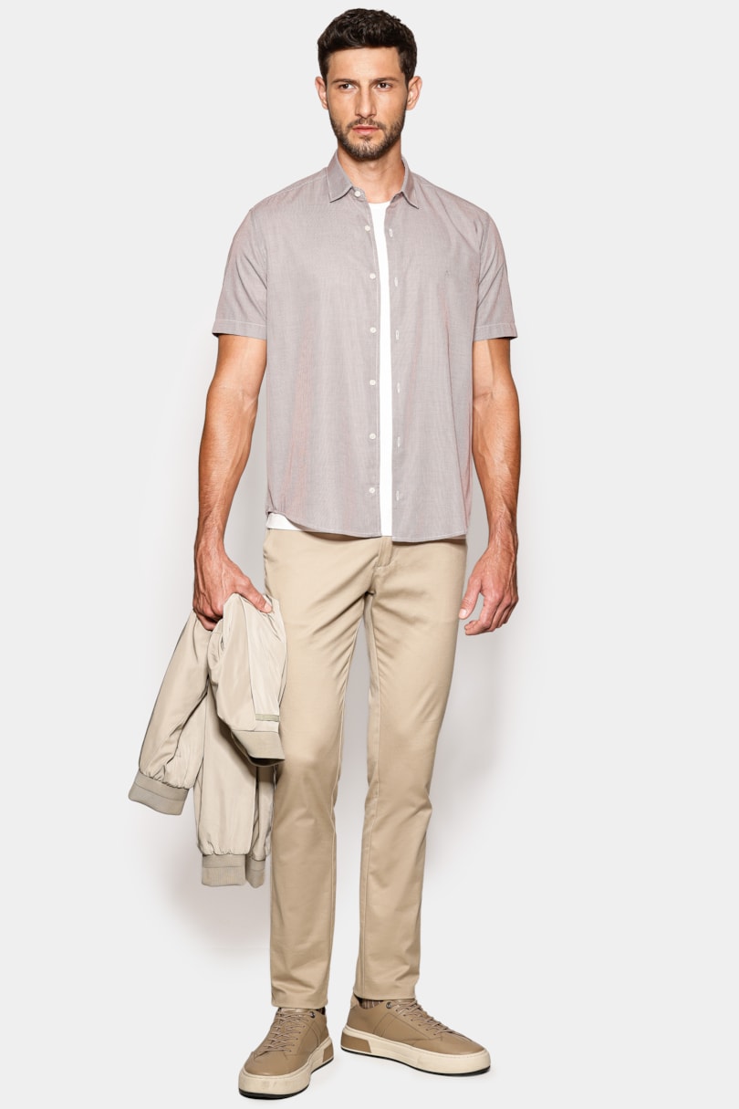 Camisa Manga Curta Slim Micro Xadrez Branco/ Havana