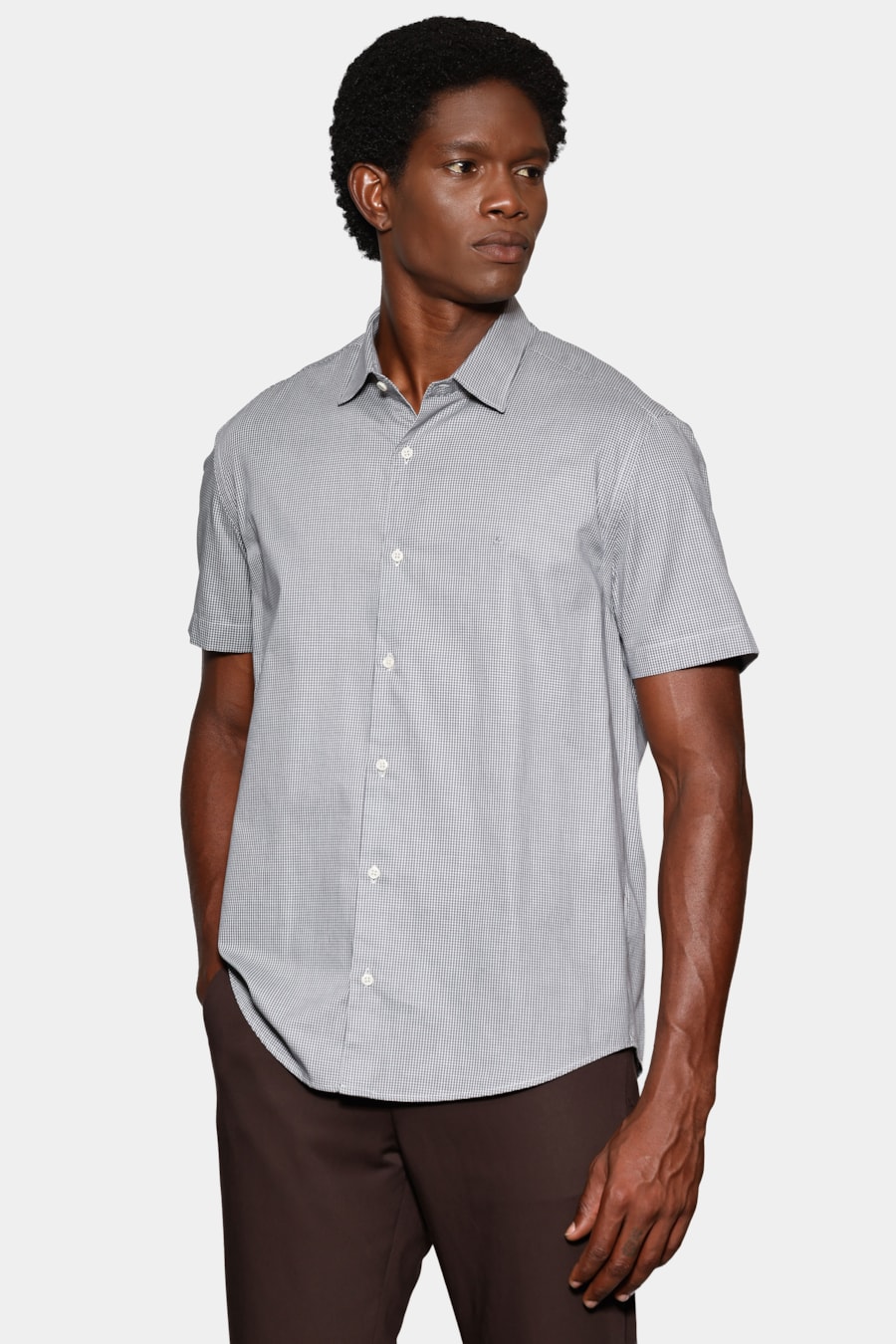 Camisa Manga Curta Slim Mini Xadrez Cinza C/Branco — foto 1 de 6