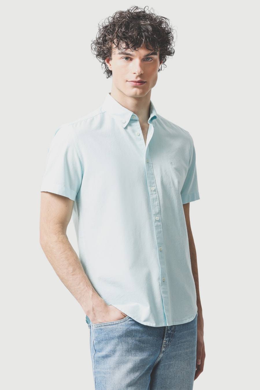 Camisa Manga Curta Slim Oxford Azul Piscina — foto 1 de 6