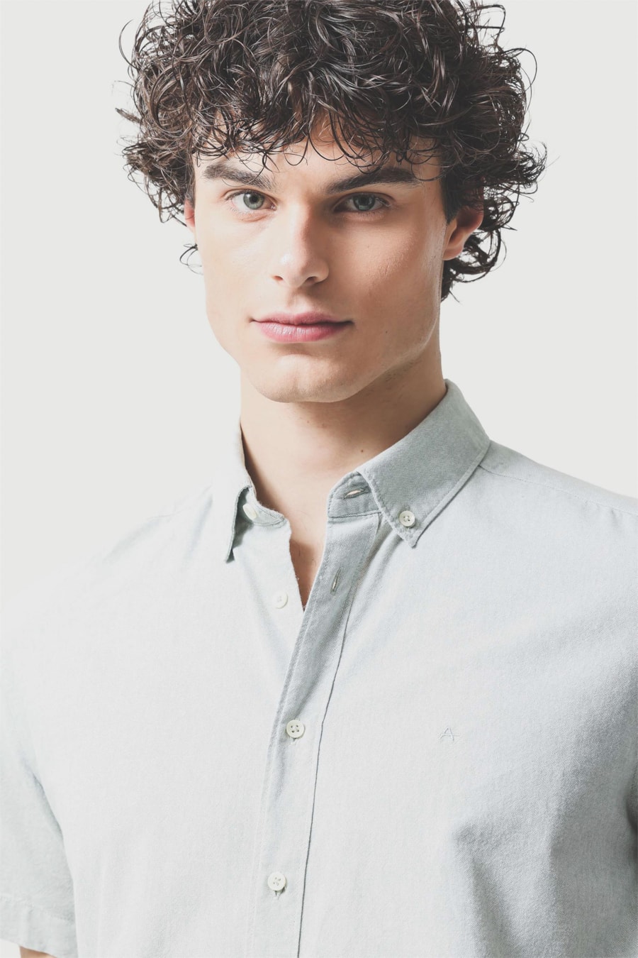 Camisa Manga Curta Slim Oxford Verde Claro — foto 3 de 6