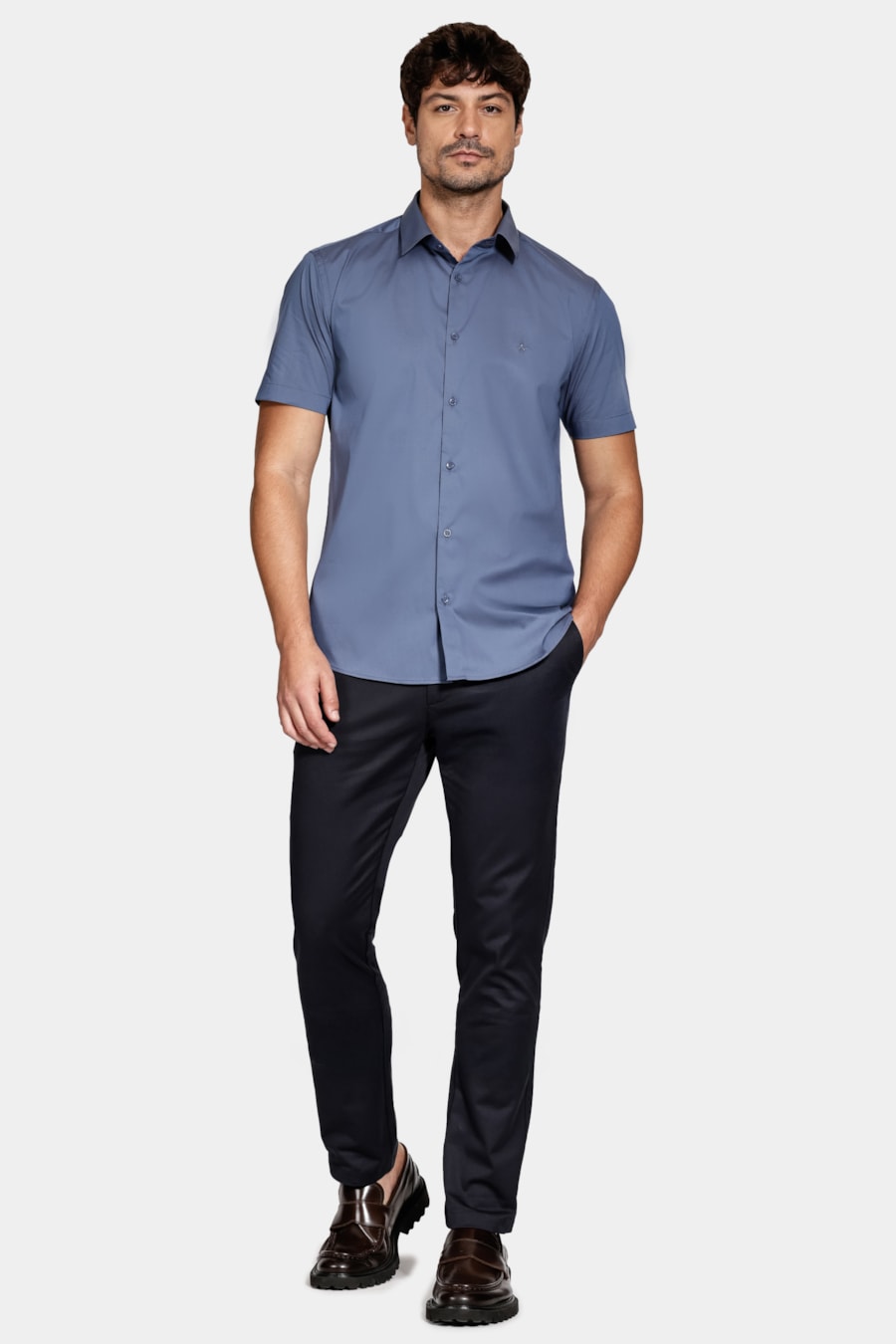 Camisa Manga Curta Slim Tech Azul Jeans — foto 2 de 6