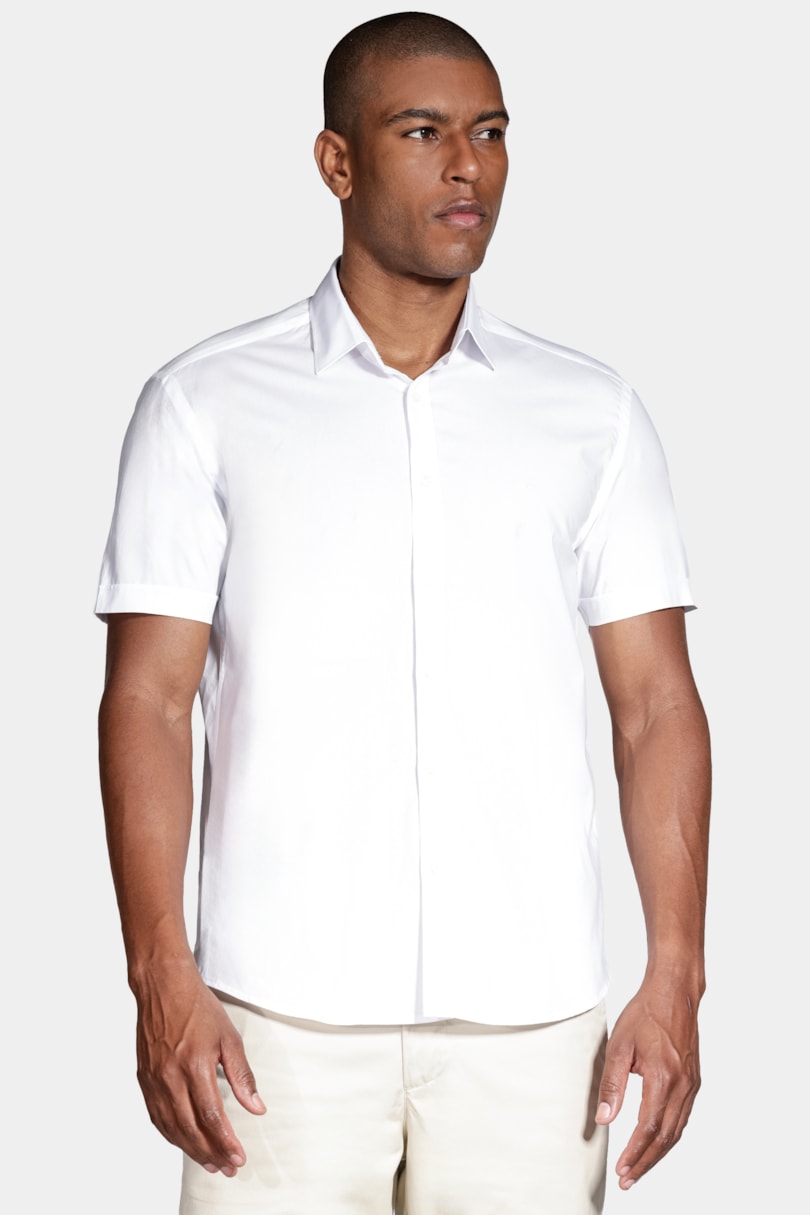 Camisa Manga Curta Slim Tricoline Stretch Liso Branco