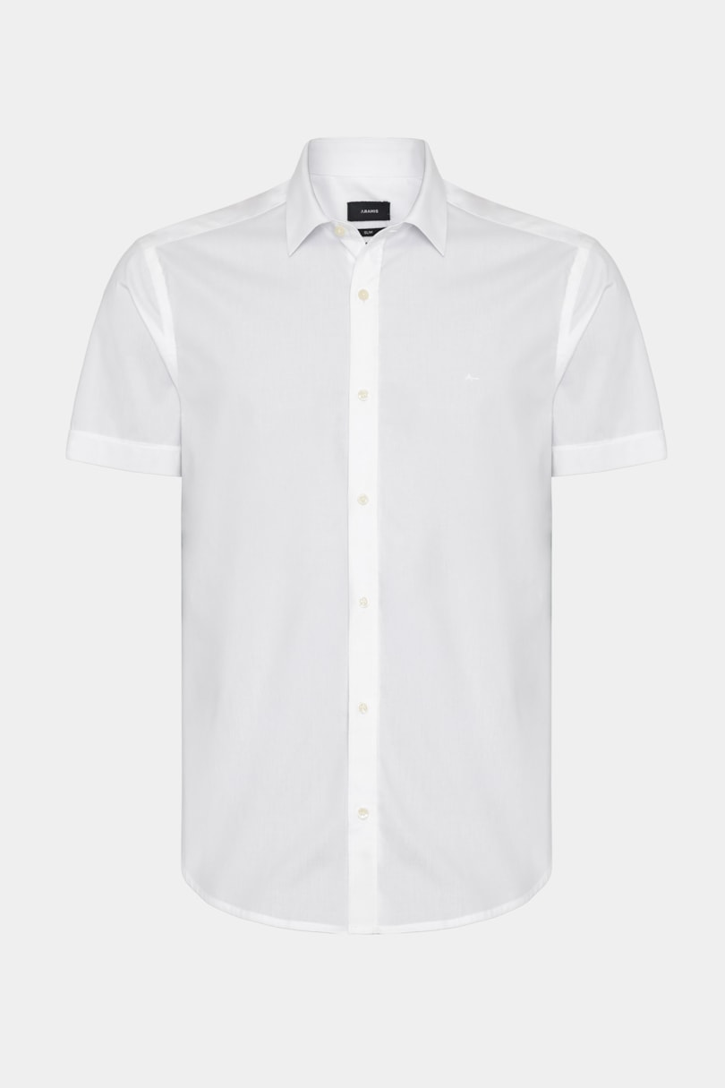 Camisa Manga Curta Slim Tricoline Stretch Liso Branco