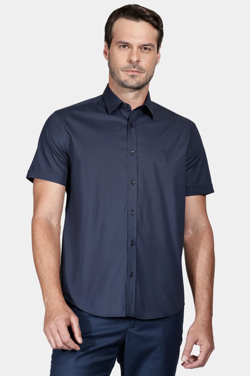 Camisa Manga Curta Slim Tricoline Stretch Liso Marinho
