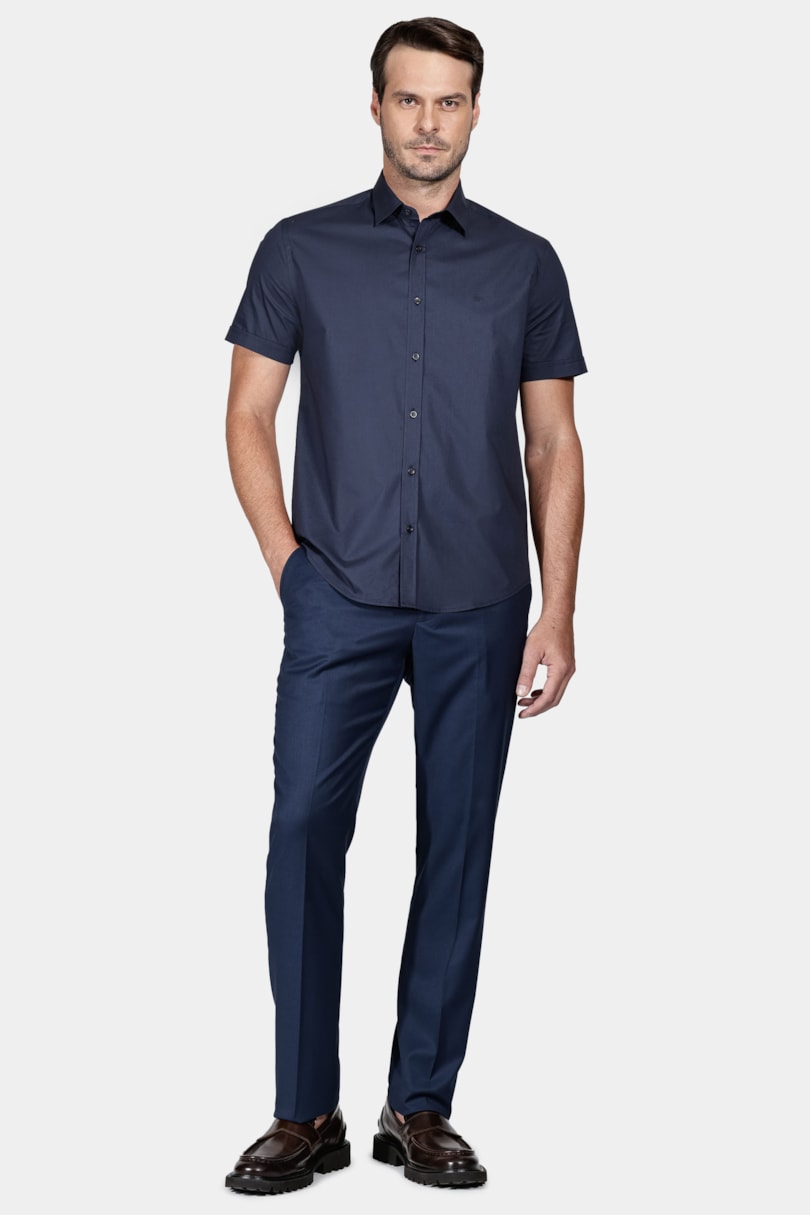 Camisa Manga Curta Slim Tricoline Stretch Liso Marinho