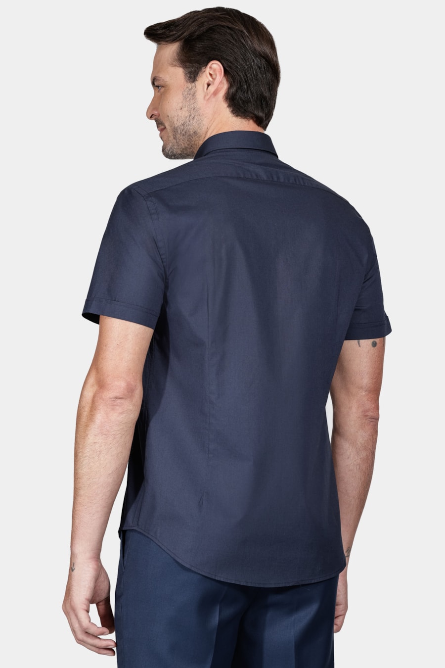Camisa Manga Curta Slim Tricoline Stretch Liso Marinho — foto 4 de 6