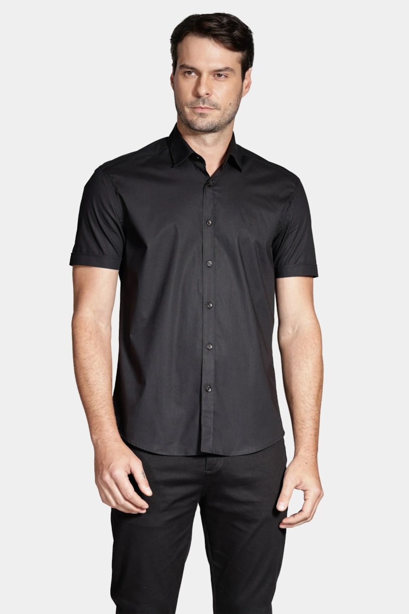 Camisa Manga Curta Slim Tricoline Stretch Liso Preto