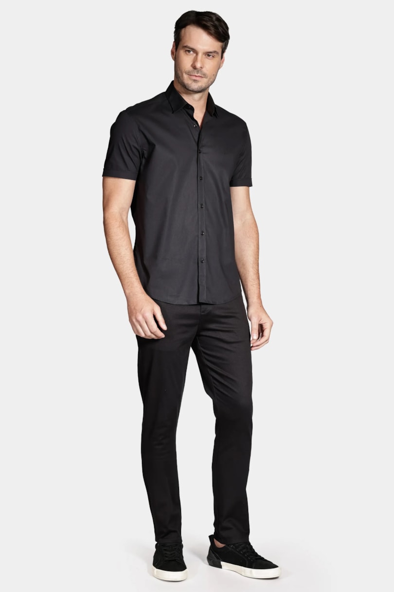 Camisa Manga Curta Slim Tricoline Stretch Liso Preto